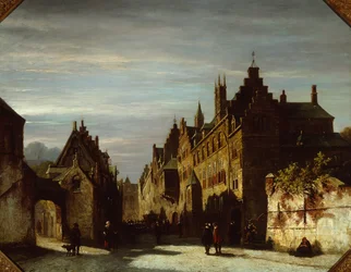 Une rue hollandaise avec des soldats