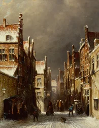 Scène de rue en hiver avec des enfants lançant des boules de neige
