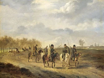 Cosaques sur une route de campagne près de Bergen en Hollande du Nord