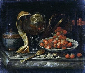 Nature morte de bol chinois bleu et blanc avec couvercle, verre Roemer, cuillère en or et fruits