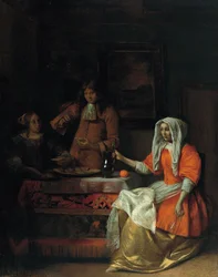 Intérieur avec deux femmes et un homme buvant et mangeant des huîtres