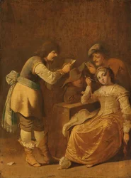 Joueurs de cartes et femme fumant la pipe