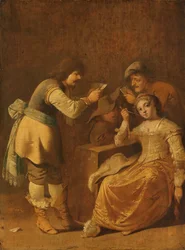 Joueurs de cartes avec une femme fumant une pipe