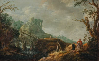 Paysage fluvial avec pont en bois et ruine