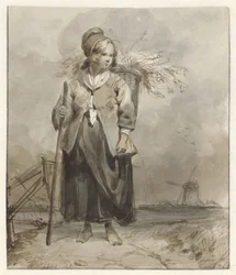 Femme debout avec bâton et panier sur le dos