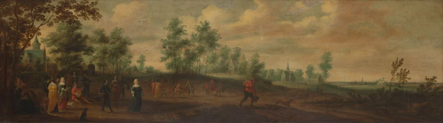 Paysage avec un couple dansant devant un manoir de campagne