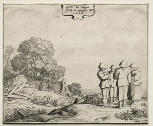 Paysage avec quatre paysans conversant