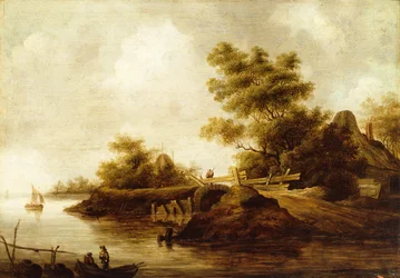 Paysage fluvial avec des personnages dans une barque et un voyageur sur un pont (huile sur panneau)