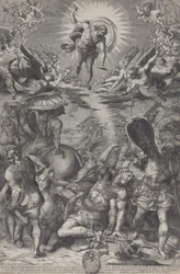 La conversion de Saul, qui gît sur le sol entouré de chevaux et de soldats alors que le Christ, 1583