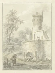 Paysage avec pêcheur et femme marchant près d