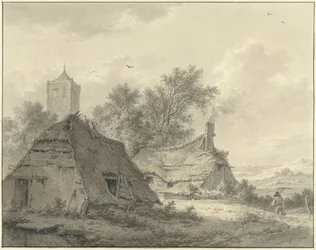Paysage avec deux fermes et un clocher