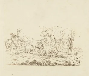Prairie avec vache et moutons