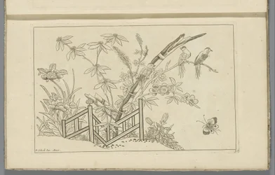 Trois oiseaux dans un arbre en fleurs