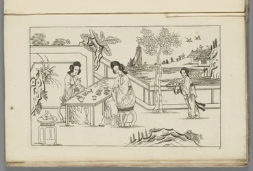 Paysage avec deux femmes chinoises jouant aux cartes