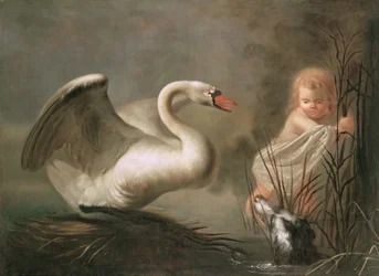 Un cygne gardant son nid contre un enfant et un épagneul