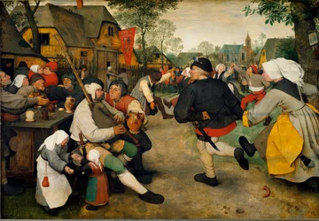 Danse paysanne. Un homme joue de la cornemuse aux côtés d