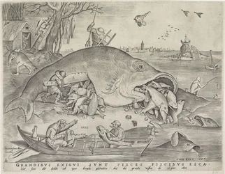 Les gros poissons mangent les petits poissons, gravé par Pieter van der Heyden (1557)