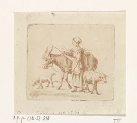 Bergère avec un mulet, un mouton et un chien