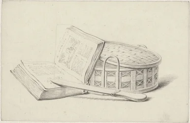 Nature morte avec un livre, un coupe-papier et un petit panier