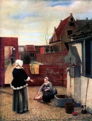 Une femme et sa servante dans une cour