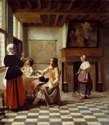 Un intérieur, avec une femme buvant avec deux hommes et une servante