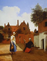 Cour à Delft au soir : une femme filant