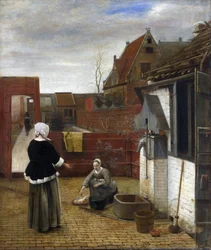 Une femme et sa servante dans une cour
