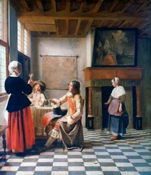 Intérieur, femme buvant avec deux hommes et une servante, vers 1658