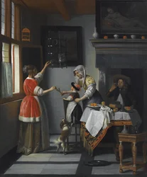 Intérieur avec un enfant nourrissant un perroquet