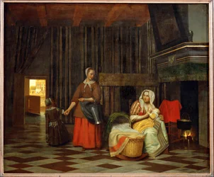 Intérieur avec une mère nourrissant son enfant et une servante (huile sur toile)