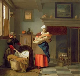 Nourrice avec un bébé dans un intérieur et une jeune fille préparant le berceau