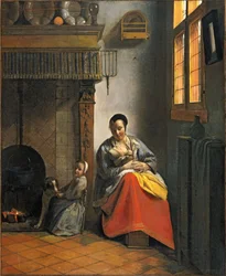 Femme allaitant un nourrisson, avec un enfant et un chien