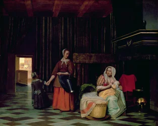 Femme avec nourrisson, servante avec enfant