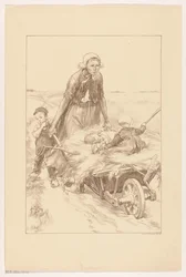 Paysanne poussant une brouette de foin avec deux enfants
