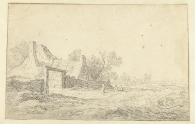 Paysage de dunes avec trois figures devant une ferme