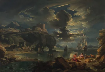 Paysage côtier méditerranéen au clair de lune, vers 1700-01