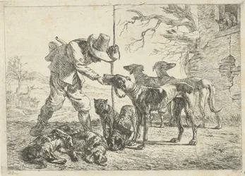 Chasseur avec sept chiens