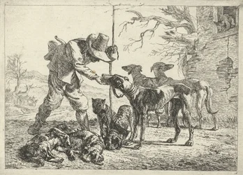 Chasseur avec sept chiens