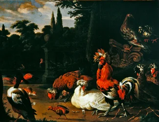 Un coq, des poules, des poussins et des canards dans un jardin