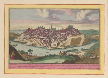 Vue de la ville de Tolède. Tolède sur le Tage en Castille, autrefois la cour des Goths et des Maures, qui ornèrent cette ville de nombreux édifices principaux (titre sur l