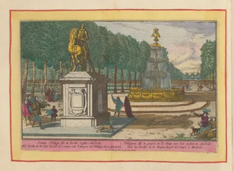 Statue équestre de Philippe II dans le jardin du palais à Madrid. Philippe II à cheval dans le jardin du palais à Madrid. Theatrum Hispaniae (...)