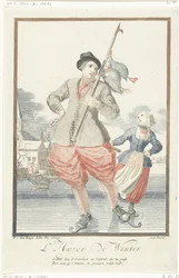 Homme patinant avec trois canards sur un bâton