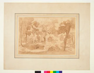 Paysage avec un bâtiment en ruine vu parmi les arbres