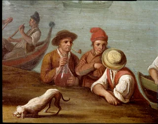 Scène de banquet à Posillipo (Pausilippe), Naples, détail avec des pêcheurs - Banquet à Posillipo - détail avec des pêcheurs. Pietro Fabris. XVIIIe siècle. Museo Nazionale di San Martino, Naples