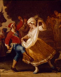 Scène de danse et fête populaire à Naples, détail de la tarentelle (tarentelle, tarentelle), XVIIIe siècle, Naples, Museo Nazionale di San Martino