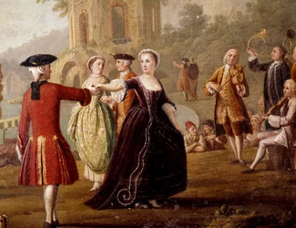 Noble scène de danse et de fête à Naples. Danseurs dans un parc. XVIIIe siècle. Naples, Museo Nazionale di San Martino