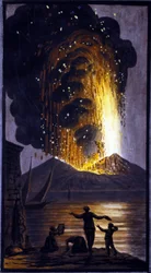 Le Vésuve en éruption. Cette gouache a été réalisée par Pierre Fabris, à la demande de Sir William Hamilton, ambassadeur anglais à Naples. Bibl. Braidense, Milan