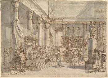 Timothée jouant de la lyre devant Alexandre et Thaïs dans la salle du palais de Persépolis