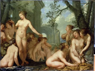 Diane et Callisto. Mythologie grecque : Diane découvre la grossesse de la nymphe Callisto, enceinte de Zeus. Peinture de Pietro Liberi (1614-1687). Art baroque. Musée de l