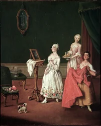 La toilette. Aristocrate vénitien devant son miroir aidé de deux serviteurs. Peinture de Pietro Longhi (1760)